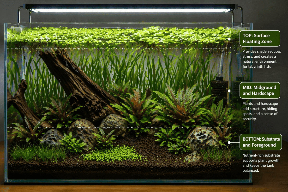aquarium plant layout showing floating plants midground and substrate zones